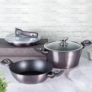 Preview: Set de casseroles et poêles 3 pièces - Antiadhésif marbre 3 couches - Poignée amovible Soft-Touch - Empilable - Induction Gaz Électrique Vitrocéramique