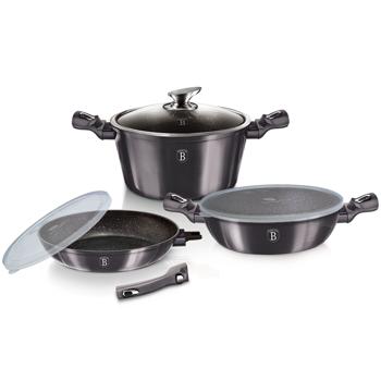 Preview: Set de casseroles et poêles 3 pièces - Antiadhésif marbre 3 couches - Poignée amovible Soft-Touch - Empilable - Induction Gaz Électrique Vitrocéramique
