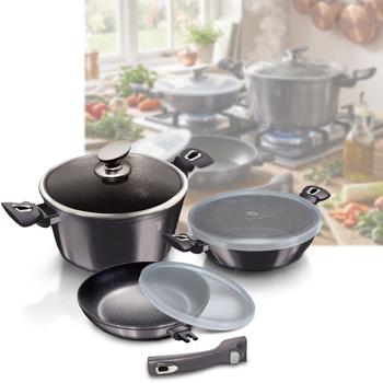 Hochwertiges 3-tlg. Topf- & Pfannen-Set: Aluminium, Deckel, abnehmbarer Griff, edles schwarz & Kunststoff-Abdeckungen - platzsparend und praktisch