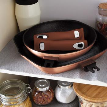 Preview: Set de Poêles Design Bronze 3 Pièces - Revêtement Marbre Antiadhésif 3 Couches- Poignées Amovibles - Compatible Induction