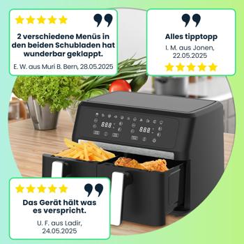 Preview: Premium Doppelkorb Heissluftfritteuse, Dual Zone, 2x 4,5 l - Air Fryer Edelstahl / ABS, 11 Kochprogramme, LED Touch Display, Antihaft, starke 2400W  Preview: Premium Doppelkorb Heissluftfritteuse, Dual Zone, 2x 4,5 l - Air Fryer Edelstahl / ABS, 11 Kochprogramme, LED Touch Display, Antihaft, starke 2400W