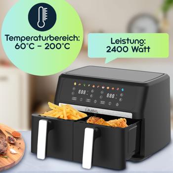 Preview: Premium Doppelkorb Heissluftfritteuse, Dual Zone, 2x 4,5 l - Air Fryer Edelstahl / ABS, 11 Kochprogramme, LED Touch Display, Antihaft, starke 2400W 