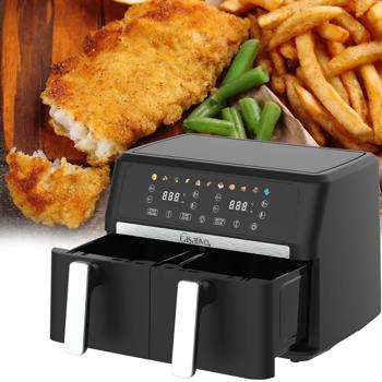 Friggitrice ad aria premium a doppio cestello, Dual Zone, 2x 4,5 l – Air Fryer in acciaio inox / ABS, 11 programmi di cottura, display touch LED, rivestimento antiaderente, potente 2400 W