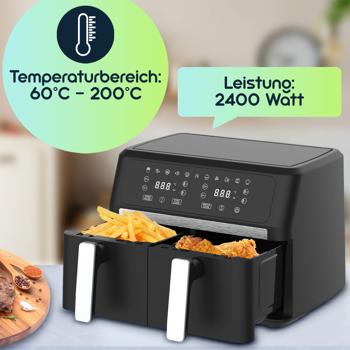 Preview: Premium Dual-Zone Heissluftfritteuse, Doppelkorb, 2x 4,5 l - Air Fryer Edelstahl / ABS, 11 Kochprogramme, LED Touch Display, Antihaft, starke 2400W 