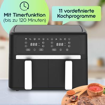 Preview: Premium Doppelkorb Heissluftfritteuse, Dual Zone, 2x 4,5 l - Air Fryer Edelstahl / ABS, 11 Kochprogramme, LED Touch Display, Antihaft, starke 2400W  Preview: Premium Doppelkorb Heissluftfritteuse, Dual Zone, 2x 4,5 l - Air Fryer Edelstahl / ABS, 11 Kochprogramme, LED Touch Display, Antihaft, starke 2400W