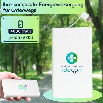 Preview: Kompakte Powerbank USB-C (4.000mAh) – Ultra-Slim Powerbank mit fest integriertem Kabel & Lightning Adapter – Mobiler Akku-Boost