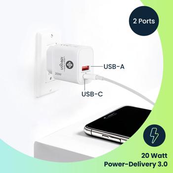 Preview: USB Ladegerät, weiss, 2 Ports, 1x USB-C und USB-A, 20 W, Power Delivery 3.0 für schnelles Laden von iPhone, Samsung, Huawai, Xiaomi