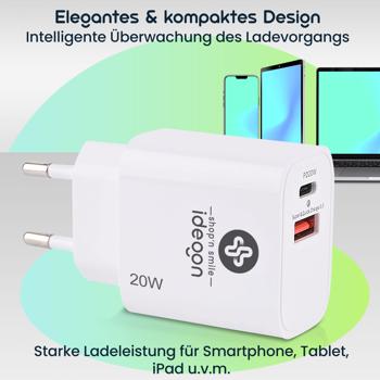 Preview: USB Ladegerät, weiss, 2 Ports, 1x USB-C und USB-A, 20 W, Power Delivery 3.0 für schnelles Laden von iPhone, Samsung, Huawai, Xiaomi