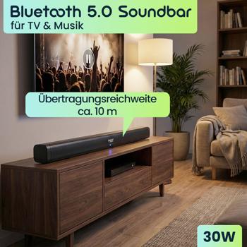 Preview: Bluetooth 5.0 Soundbar, 30W, für TV & Musik – HDMI-ARC, Opt/Aux, schwarz, mit Fernbedienung, Heimkino-Soundbar