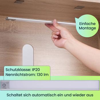 Preview: Flache Akku LED-Lichtleiste, 40cm mit Bewegungssensor, 120 LEDs: Kabellos, hell & energiesparend – Perfekt für Schrank, Flur & Küche