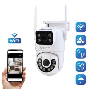 Preview: Caméra de surveillance IP extérieure double objectif fiable, 355° pivotante & inclinable - Caméra performante avec vision nocturne, audio bidirectionnel & enregistrement