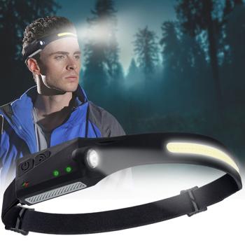 COB LED headlamp 230° wide angle: Bright 350lm light with gesture control, perfect for jogging, hiking & crafts - always free hands