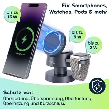 Preview: Multifunktionale drahtlose & komfortable Ladestation mit Nachtlicht (15W) USB-C - schwarz - für Smartphones, Watches, Pods & mehr - Komfort + Ordnung