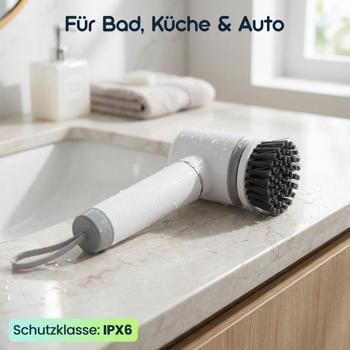 Preview: Elektrische Reinigungsbürste mit 6 Aufsätzen, Akku (5W): Kabellos & kraftvoll – Für Bad, Küche & Auto – Mühelos sauber