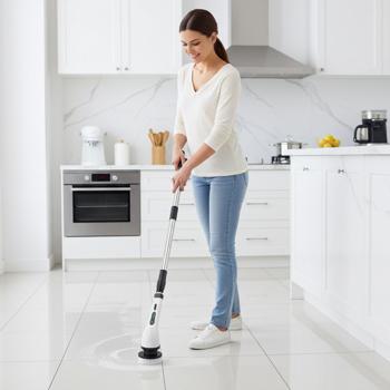 Preview: Spazzola elettrica con 9 testine, manico telescopico, batteria ricaricabile, 7,2 watt - Potente e senza fili - Per pulire senza fatica bagni, cucine e aree esterne