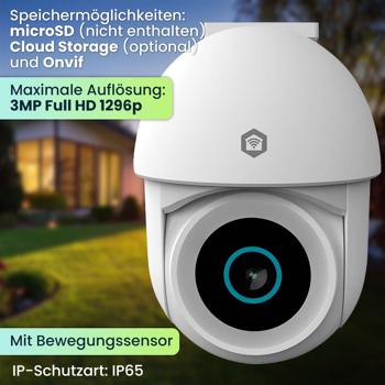 Preview: PTZ-Überwachungskamera für den Aussenbereich, 3MP Full HD, IP65, 355°PAN & 105°TILT, Aussenkamera mit Bewegungssensor, Nachtsicht, Sirene