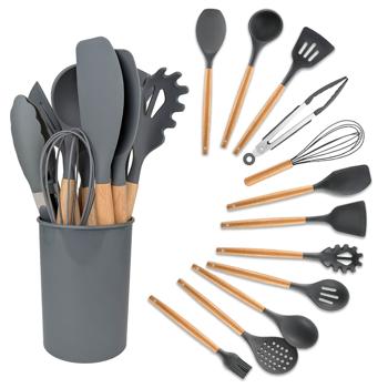 Elegante set di utensili da cucina in silicone da 12 pezzi con manico in legno: utensili da cucina eleganti per ogni cucina, pratici, di alta qualità e un vero e proprio richiamo visivo