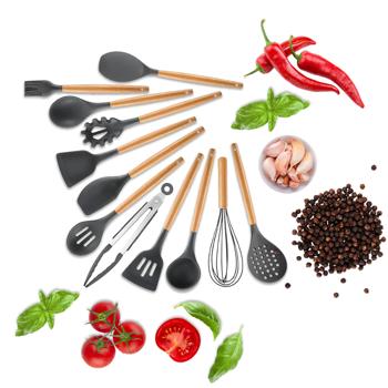 Preview: Elegant 12-piece silicone kitchen utensil set with wooden handle: Stylish cooking utensils for every kitchen, practical, high-quality & a real eye-catcher