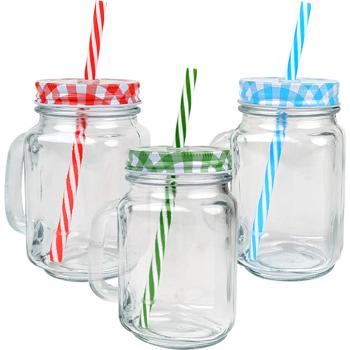 Retro drinking glasses with colorful lid, handle and straw: a set of 3 for lemonade, iced tea, cocktails & smoothies - vintage style
