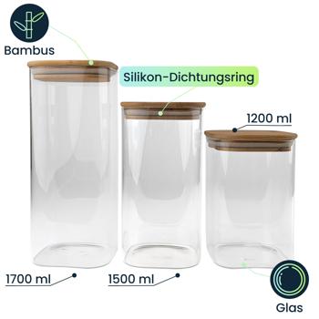Preview: Vorratsgläser-Set mit Deckel aus Bambus, 3 Grössen: Eine elegante Aufbewahrung für Küche – Aromasicher & Platzsparend frischhalten!