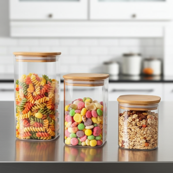 Set di barattoli con coperchio in bambù, 3 misure: Elegante conservazione per la cucina - freschezza a prova di sapore e risparmio di spazio!