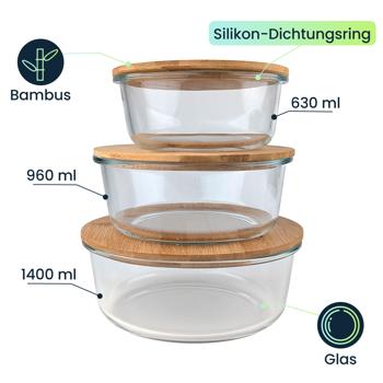 Preview: Hochwertige Vorratsdosen mit Deckel, rund, Glas/Bambus, 3 Grössen: Vorratsgläser für Aromaschutz & eine stilvolle Ordnung