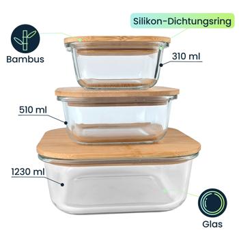 Preview: Vorratsdosen mit Deckel (3er-Set) aus Glas & Bambus – Vorratsgläser mit Aromaschutz-Dichtung in 3 Grössen für die Küche