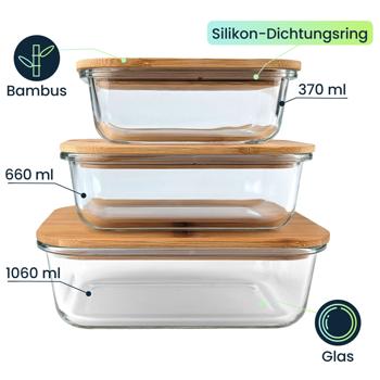 Preview: Hochwertige Vorratsdosen mit Deckel, rechteckig, Glas/Bambus, 3 Grössen: Vorratsgläser für Aromaschutz & eine stilvolle Ordnung