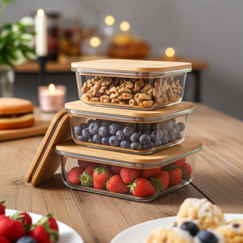 Preview: Barattoli di conservazione di alta qualità con coperchio, rettangolari, vetro/bambù, 3 misure: Barattoli per la conservazione dei sapori e per un‘organizzazione elegante