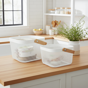 Lot de 2 paniers en métal blanc avec poignées en bois – rangements élégants pour cuisine et salle de bain – pratiques et décoratifs