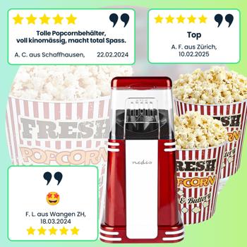 Preview: Retro Heissluft Popcorn Maschine - rot/weiss aus Aluminium / Kunststoff, 15x29x17cm, 2 Kino-Becher, Popcorn Maker, schnell, einfach, fettarm 