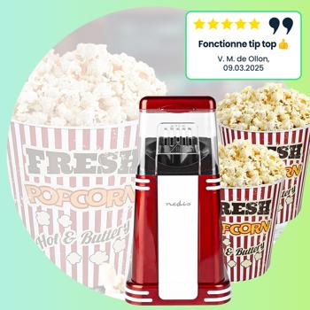 Preview: Machine à pop-corn rétro à air chaud - Pour soirées cinéma anniversaires fêtes - Rouge/Blanc aluminium/plastique 1200W - 2 gobelets inclus