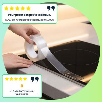 Preview: Ruban adhésif double face transparent (5 m x 10 mm): nano tape, adhérence de 110 g/m², réutilisable, sans traces