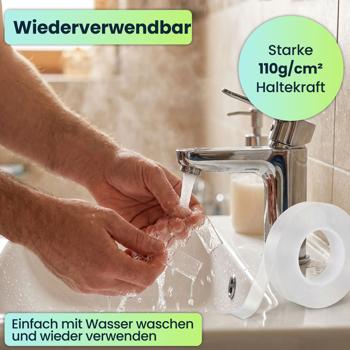 Preview: Doppelseitiges Nano-Klebeband Transparent (5m x 10mm): Starke 110g/cm² Haltekraft, Wiederverwendbar, spurlos ablösbar