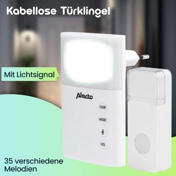Preview: Kabellose Türklingel mit Lichtsignal, 35 verschiedene Melodien, IP44, Funk Türklingel im modernen Design, einfache Installation, grosse Reichweite, Top Empfang