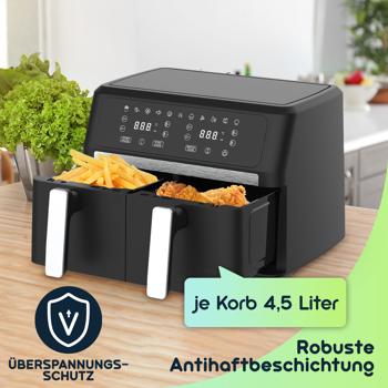 Preview: Premium Dual-Zone Heissluftfritteuse, Doppelkorb, 2x 4,5 l, inkl. Silikonformen - Air Fryer, 11 Kochprogramme, LED Touch Display, starke 2400W 