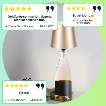Preview: Edle Akku Flaschenlampe Gold: Dimmbar, 3 Lichtfarben: Verwandelt Flaschen in stimmungsvolle Leuchten