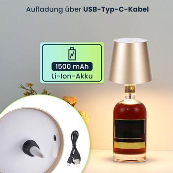 Preview: Edle Akku Flaschenlampe Gold: Dimmbar, 3 Lichtfarben: Verwandelt Flaschen in stimmungsvolle Leuchten