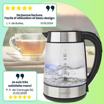 Preview: Bouilloire en verre 1,7 L, socle 360° – 2200 W, 5 températures au choix (50, 70, 80, 90, 100 °C) – rétroéclairage bleu, voyant de température 