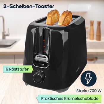 Preview: Kompakter Toaster, 2-Scheiben-Toaster mit 6 Röstsstufen, 700 W,  schwarz
