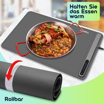 Preview: Professionelle Silikon-Warmhalteplatte (250W): Elektrische Heizmatte (61x40cm) rollbar,  55-100°C einstellbar, flexibles Warmhalten von Speisen