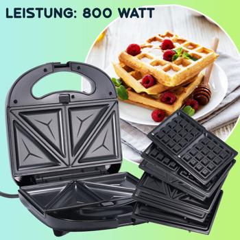 Preview: 2er-Set Vielseitiger 3in1 Multi-Grill: Kontaktgrill, Sandwichmaker & Waffeleisen in einem Gerät, (800 W), Abnehmbare Platten, Antihaftbeschichtung
