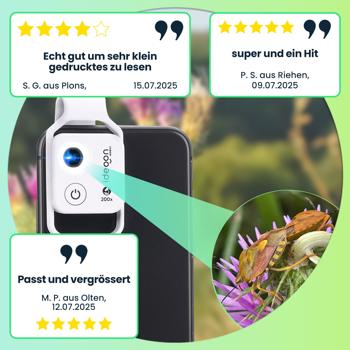 Preview: set of 2 microscope attachment lenses for smartphone/tablet 200x: With 6 LEDs for detailed close-ups, 1x white & 1 x black- Discover the micro world