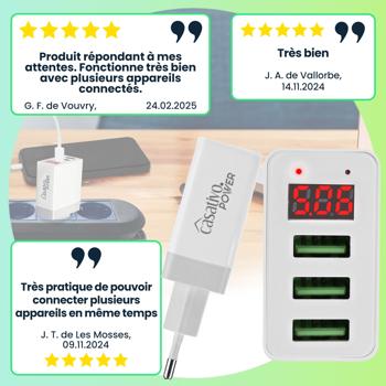 Preview: 3 chargeurs USB avec écran LED – 3 ports USB-A (5 V / 2,4 A) pour le chargement rapide et simultané de 3 appareils – compatibles iPhone, Android, AirPods