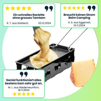 Preview: 3er-Set Teelicht-Raclette für 1-2 Personen, Set ohne Strom, Teelichter & Schaber, Metall mit originell ausgestanzten Kühen, antihaftbeschichtet