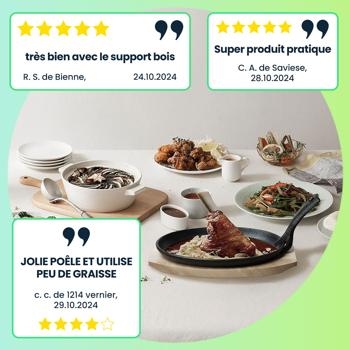 Preview: 2 poêles professionnelles en fonte avec planches en bois, 24 x 14 x 2,2 cm