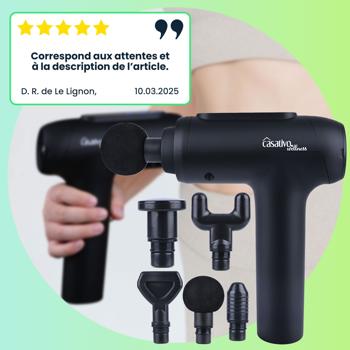 Preview: Pistolet de massage professionnel sans fil – 6 embouts interchangeables, 20 niveaux d‘intensité – pour cuisses, ventre, épaules, nuque, dos