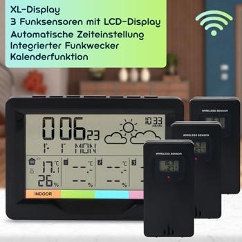 Preview: Professionelle Funk-Wetterstation mit XL-Display und 3 Funksensoren, Funkwecker