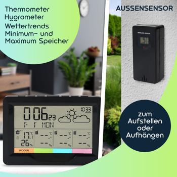 Preview: Professionelle Funk-Wetterstation mit XL-Display und 3 Funksensoren, Funkwecker