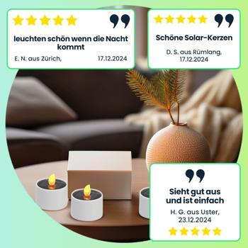 Preview: 4er-Set Solar-LED-Teelichter – wetterfest (IP44), mit Dämmerungssensor & warmweissen Licht – kabellos, energiesparend & ideal für Garten, Balkon & Deko